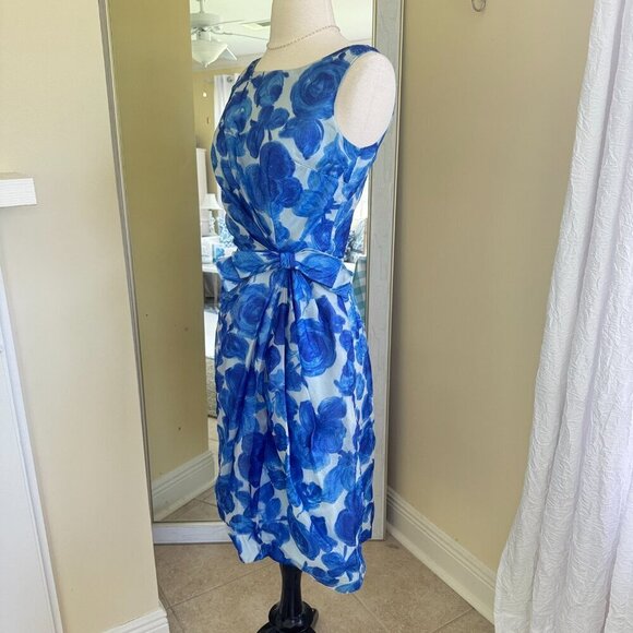 Vintage 60s Party Cocktail Sheath Dress Small Blue Floral Chiffon Swing Mad Men - Picture 2 of 13